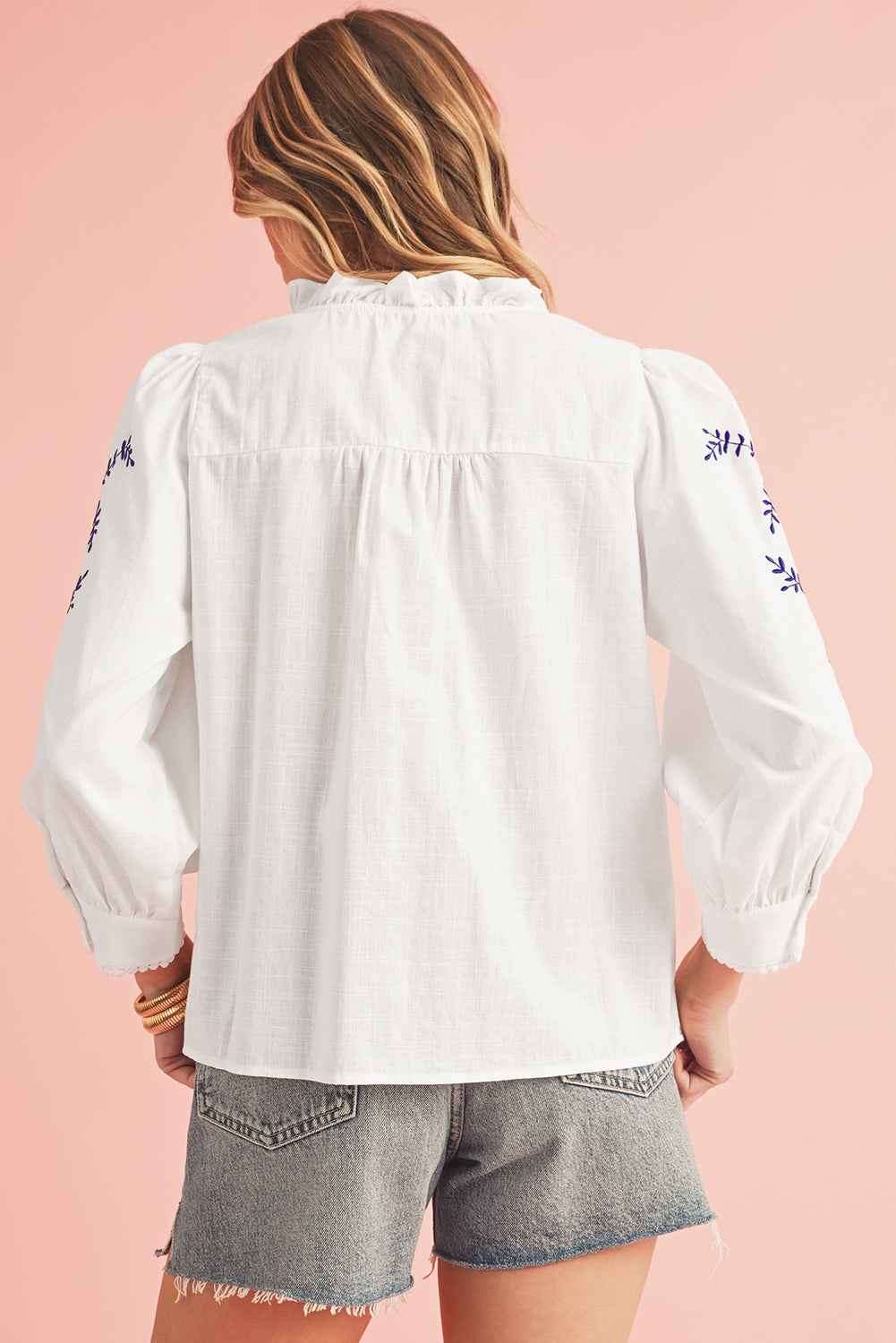 Botón de bordado bordado floral blanco blusa boho