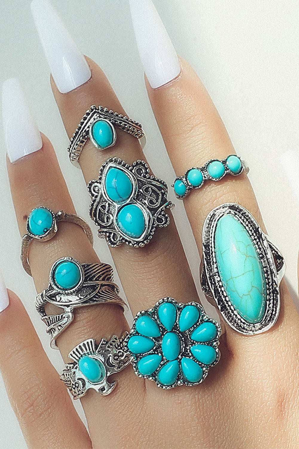 Green 8pcs Juego de anillo turquesa vintage para un aspecto elegante