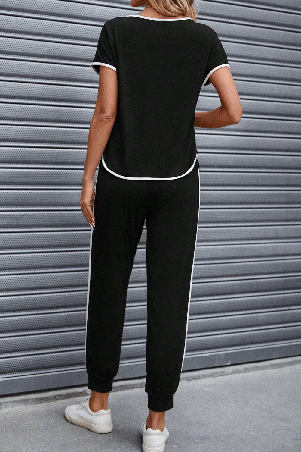 Black Contrast Trim Top & Drawstring Pants Set