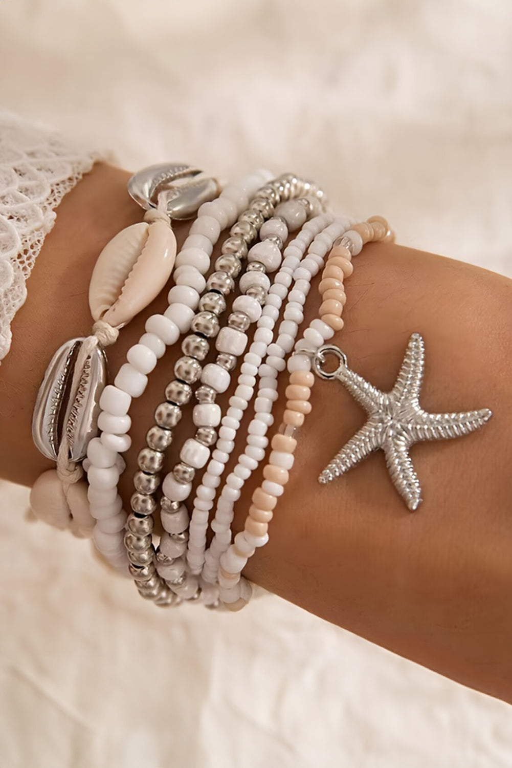 White 7pcs Starfish Seashell Beaded Bracelet Set for Women