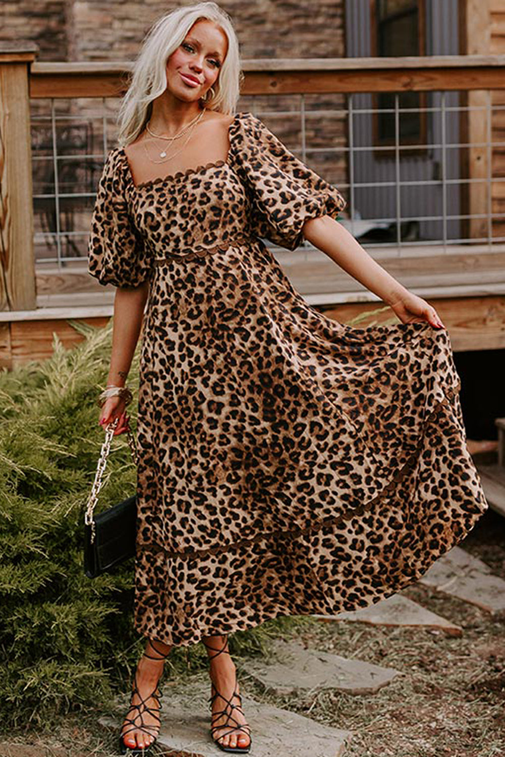 Leopard Print Maxi Dress with Puff Sleeves and Ricrac Detail