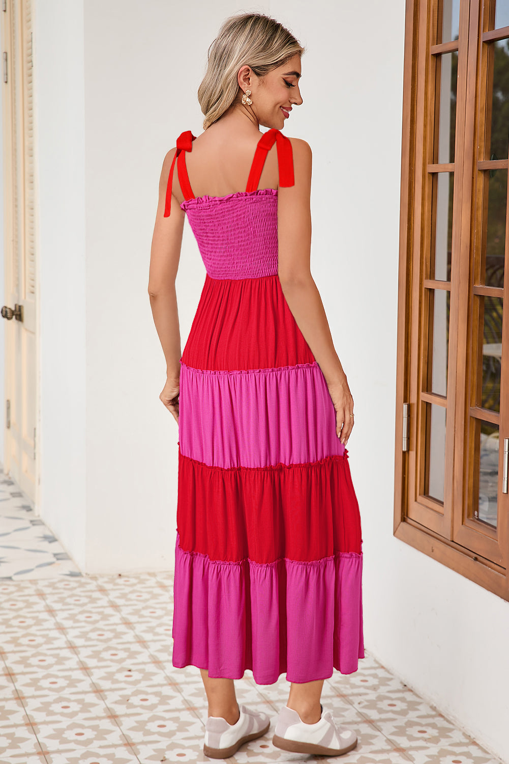 Bohemian Rose Red Shirred Patchwork Maxi Dress with Shoulder Ties