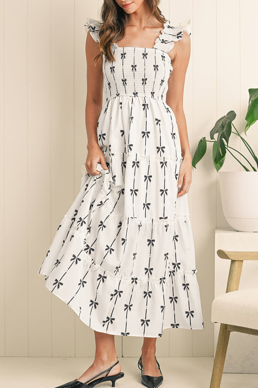 Chic Black Bow Print Ruffled High Waist Maxi Dress