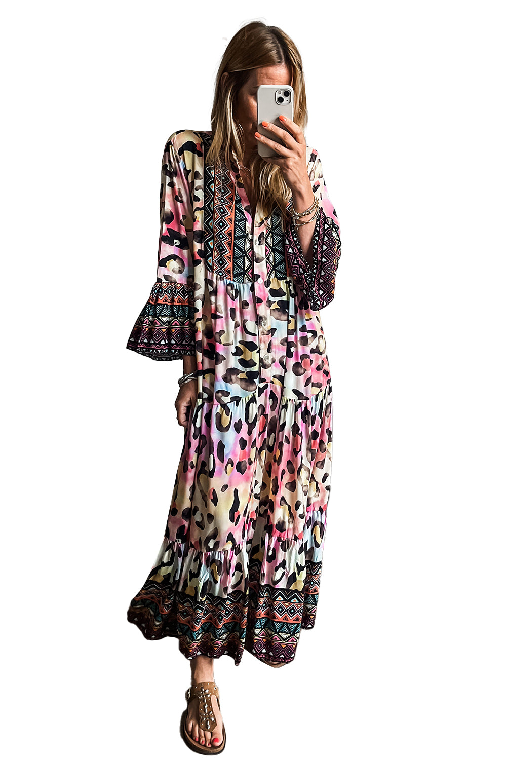 Fierce Pink Leopard Print Tiered Maxi Dress with 3/4 Sleeves