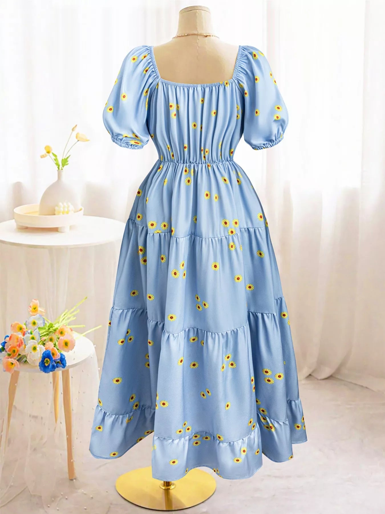 Daisy Print Puff Sleeve Tiered Maxi Dress - MAD RUFFI