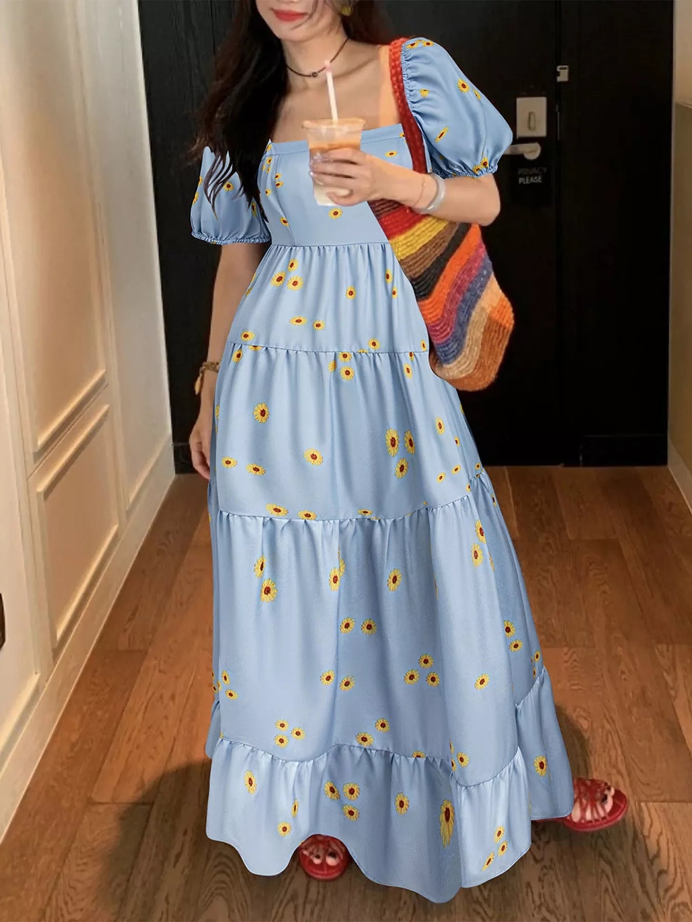 Daisy Print Puff Sleeve Tiered Maxi Dress - MAD RUFFI