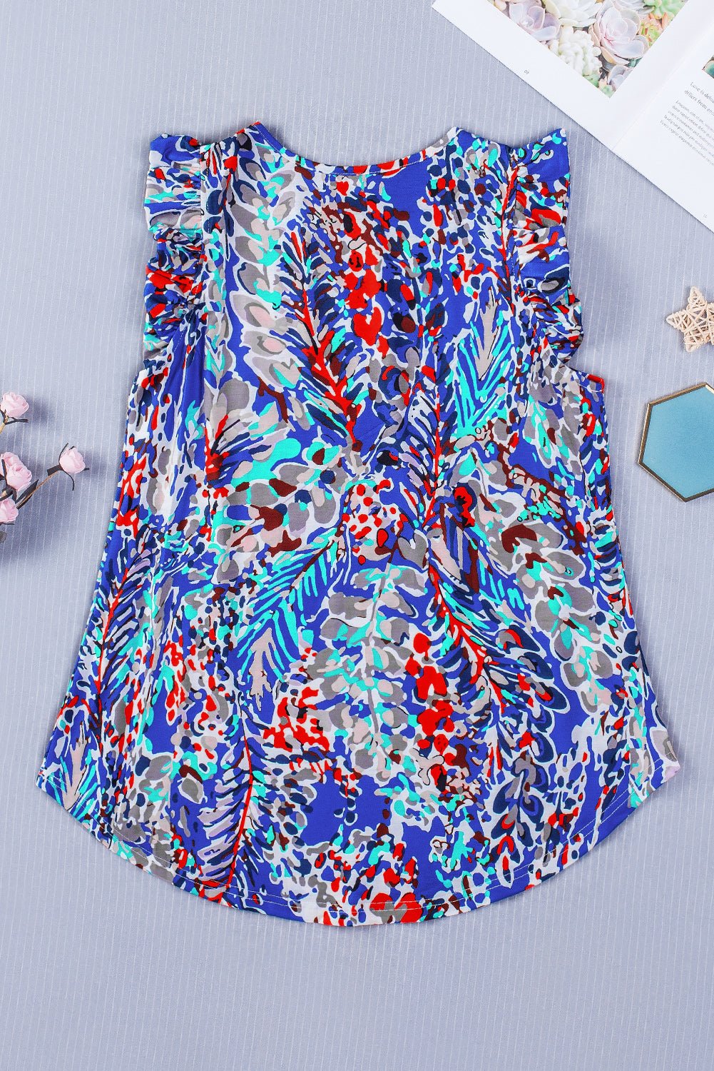 Dark Blue Abstract Print Babydoll Ruffle Sleeveless Shirt - MAD RUFFI