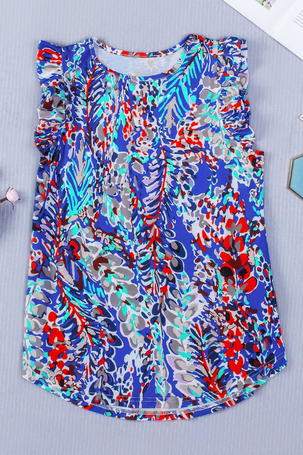 Dark Blue Abstract Print Babydoll Ruffle Sleeveless Shirt - MAD RUFFI