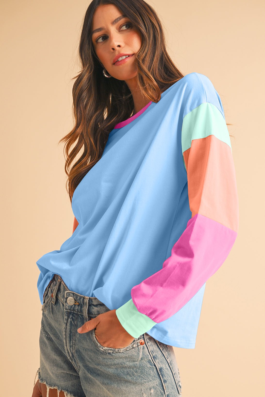 Dark Blue Color Block Sleeve Loose Fit Top - MAD RUFFI