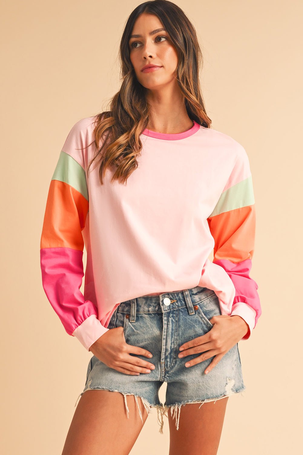Dark Blue Color Block Sleeve Loose Fit Top - MAD RUFFI