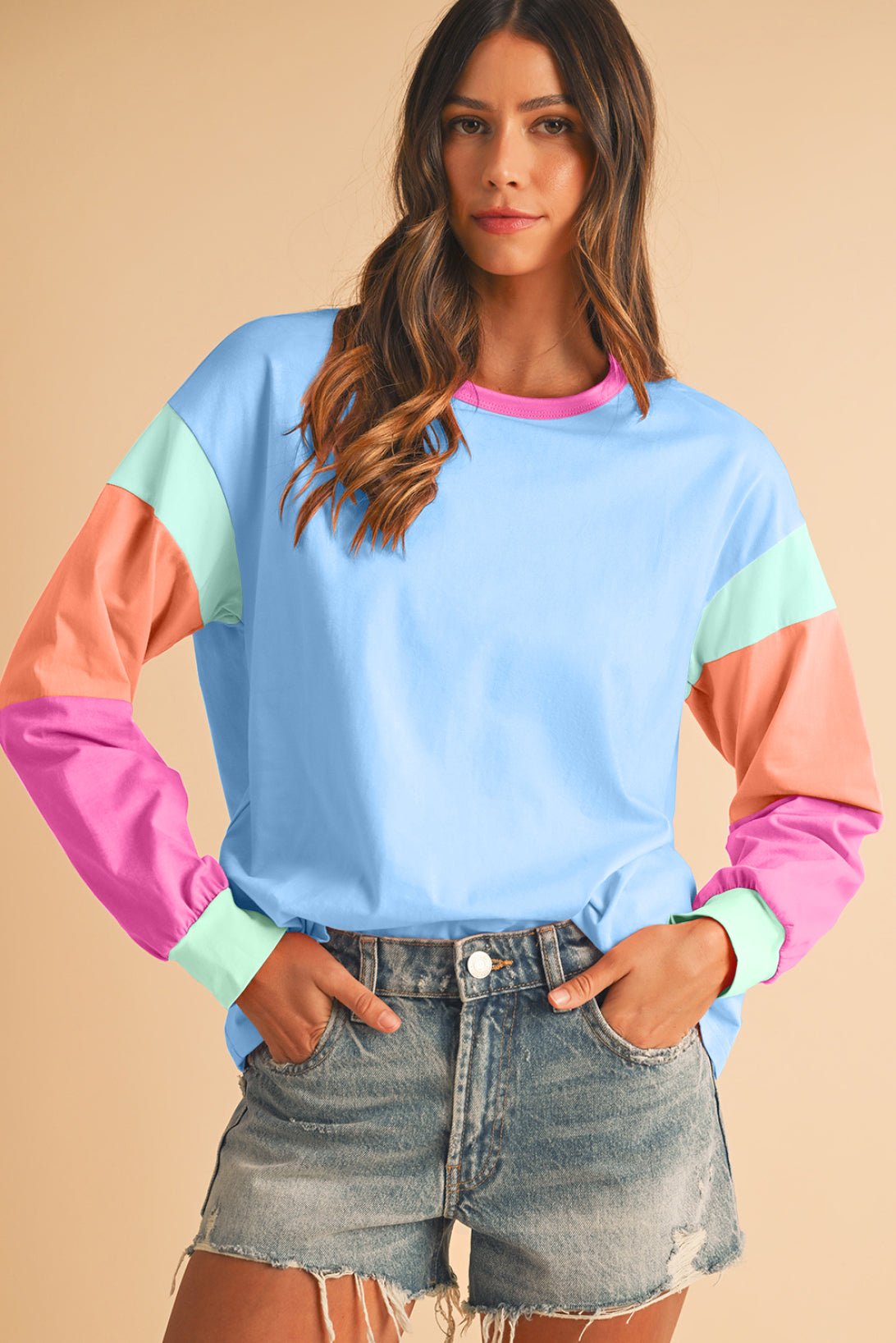 Dark Blue Color Block Sleeve Loose Fit Top - MAD RUFFI