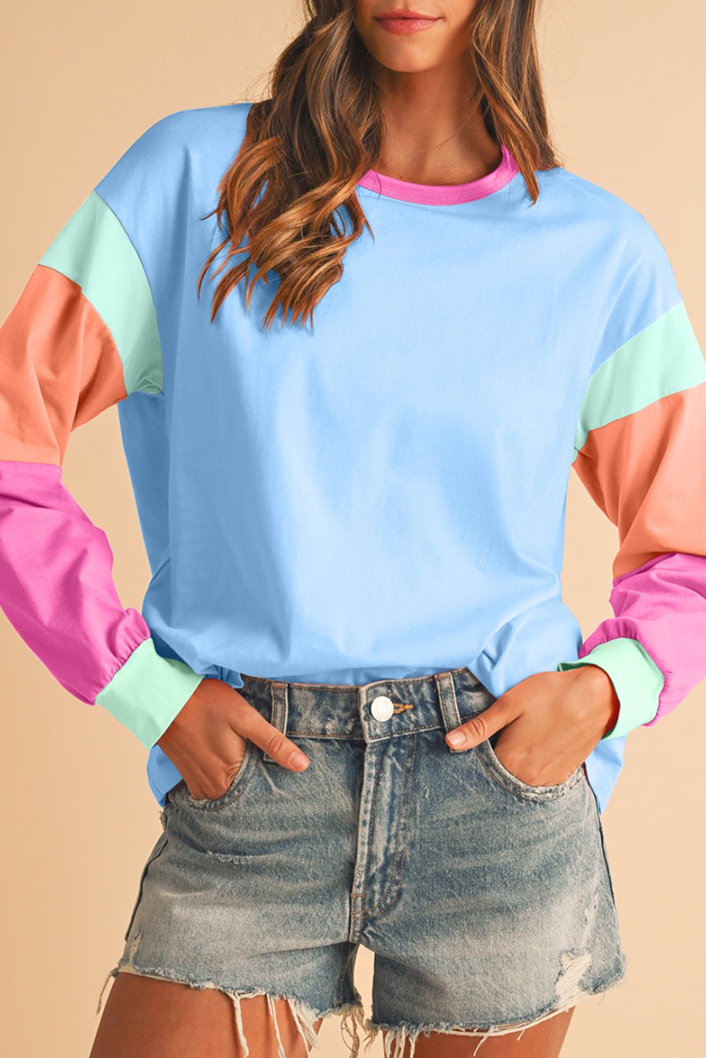 Dark Blue Color Block Sleeve Loose Fit Top - MAD RUFFI