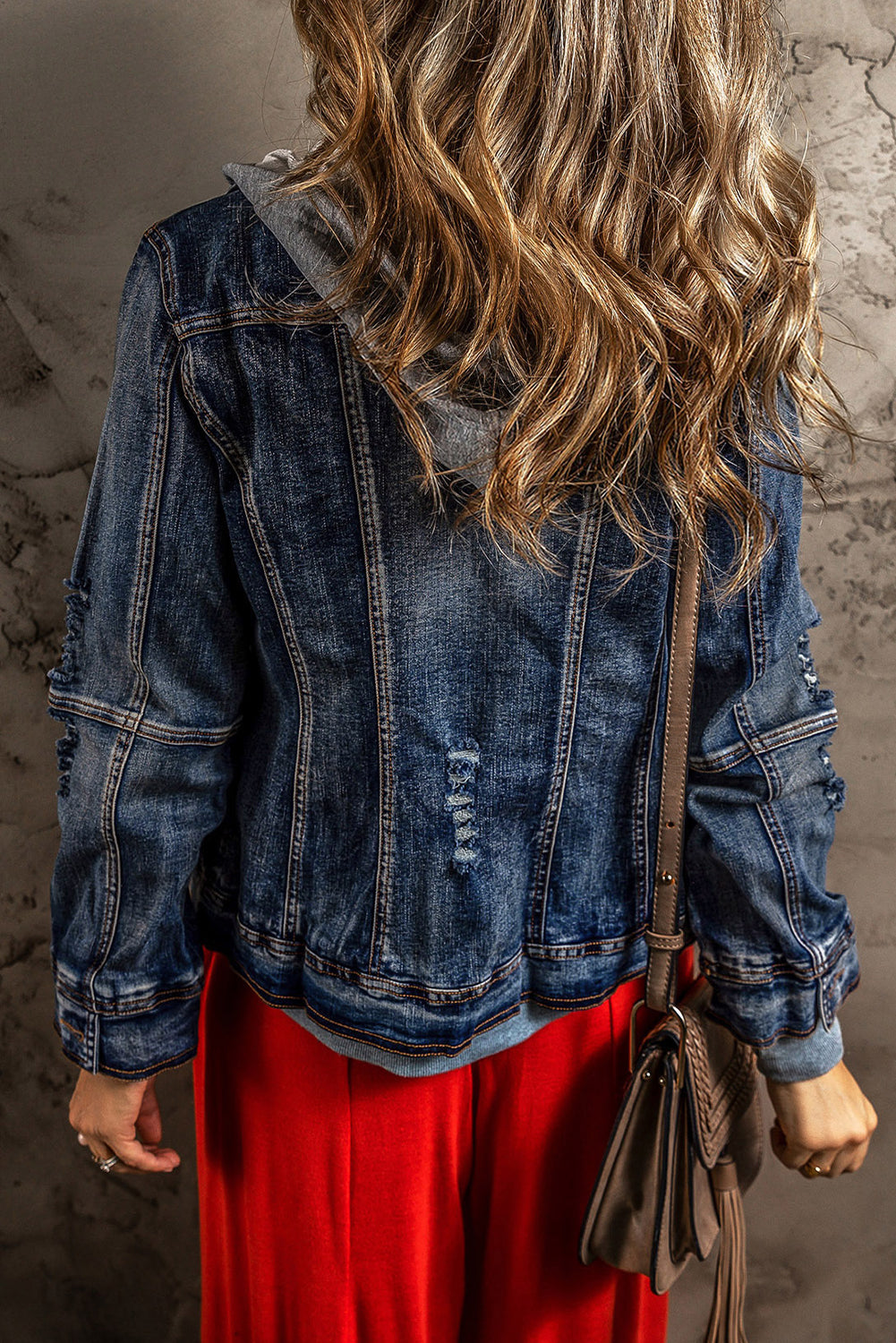 Dark Blue Distressed Fake Two-Piece Hooded Denim Jacket - MAD RUFFI