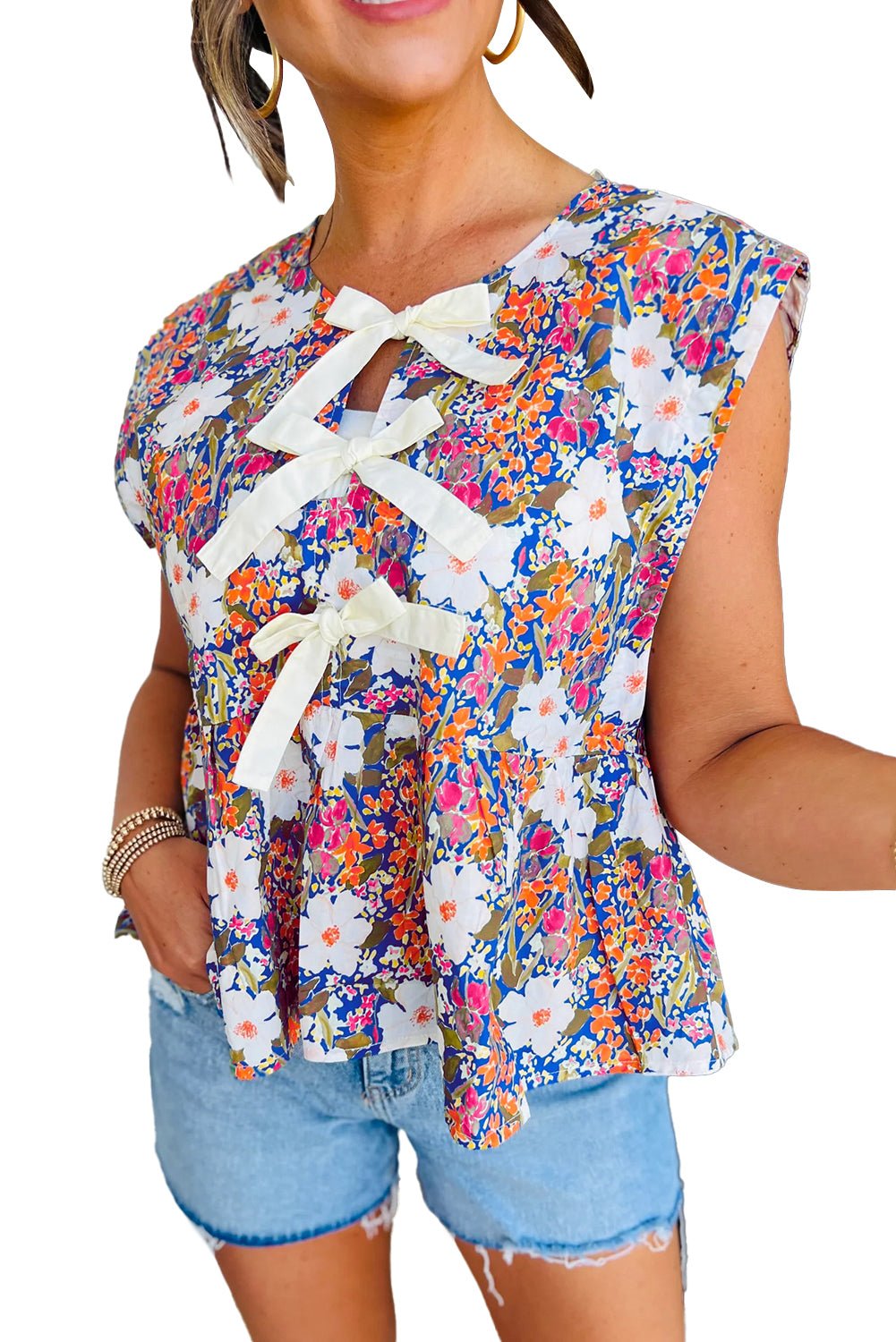 Dark Blue Floral Bow Front Sleeveless Peplum Shirt - MAD RUFFI