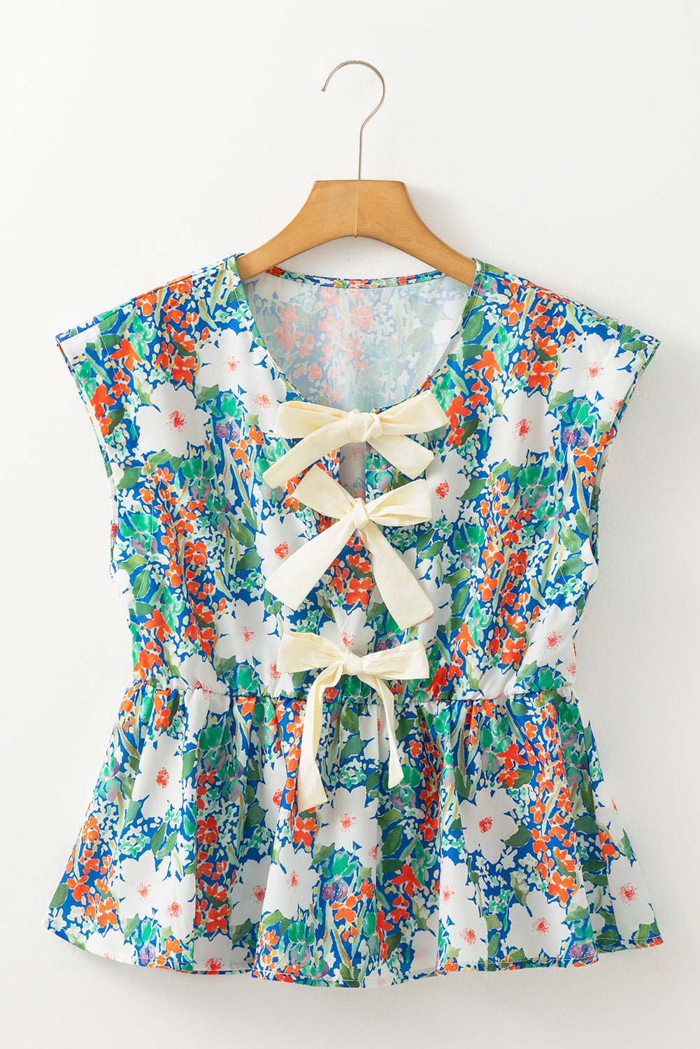 Dark Blue Floral Bow Front Sleeveless Peplum Shirt - MAD RUFFI