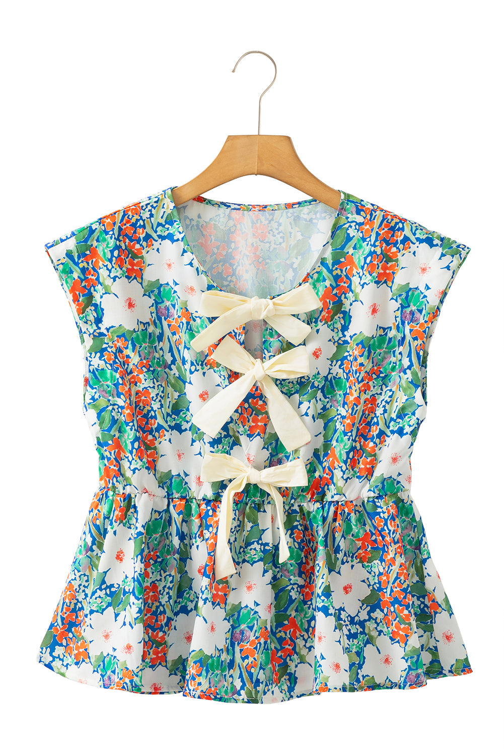 Dark Blue Floral Bow Front Sleeveless Peplum Shirt - Sleeveless Shirts