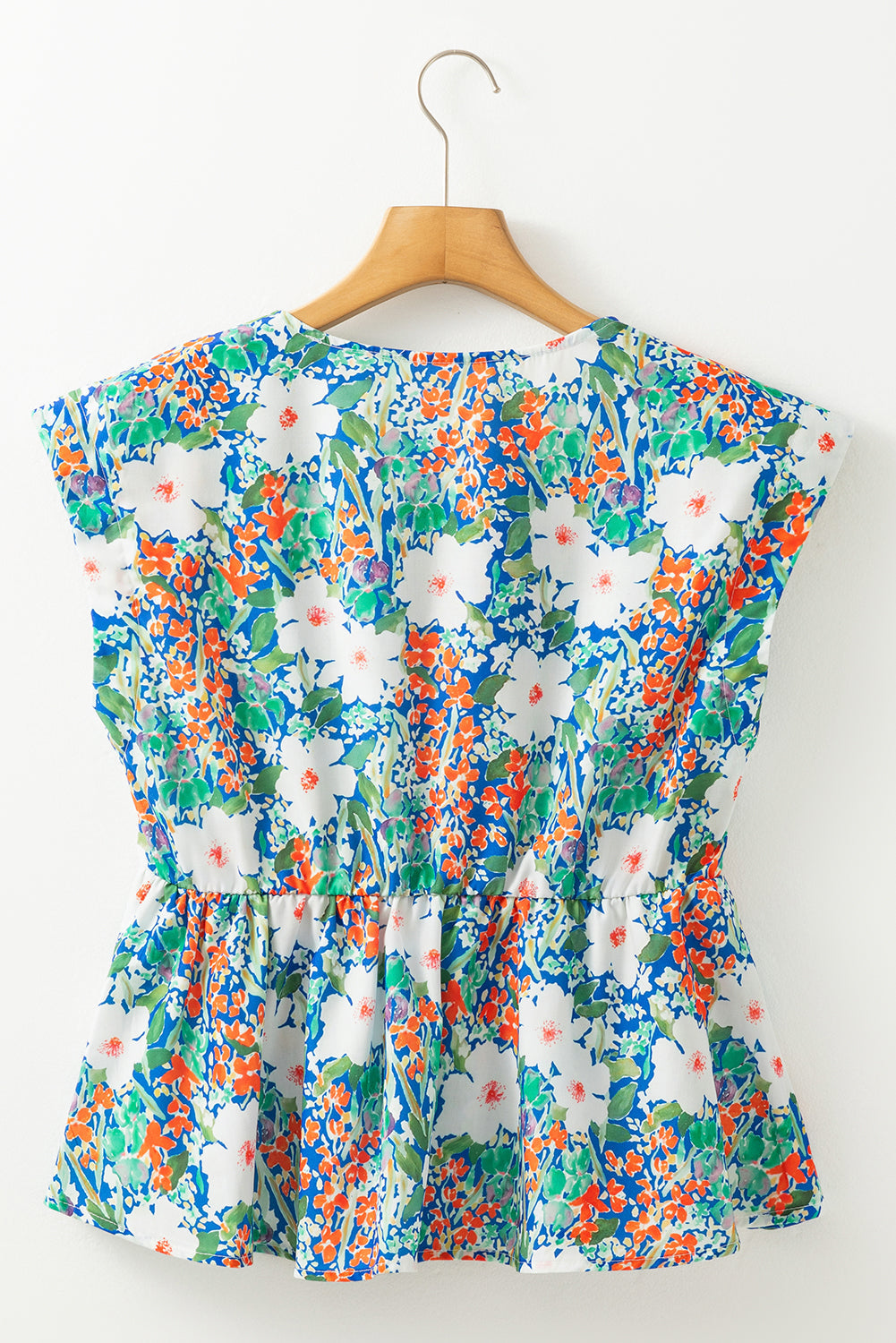 Dark Blue Floral Bow Front Sleeveless Peplum Shirt - Sleeveless Shirts