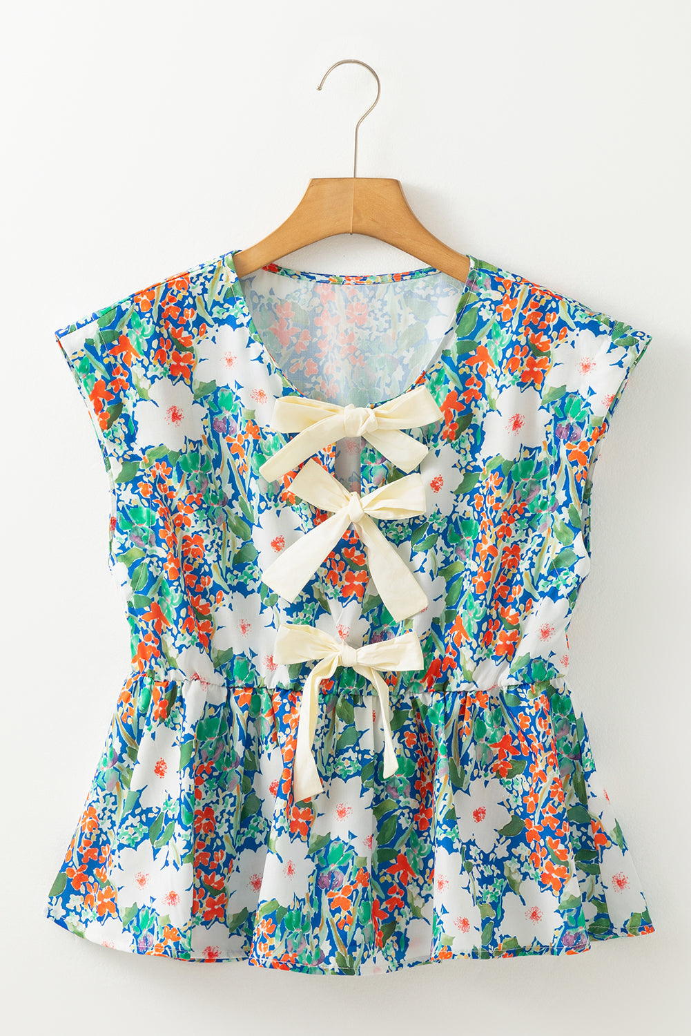 Dark Blue Floral Bow Front Sleeveless Peplum Shirt - Sleeveless Shirts