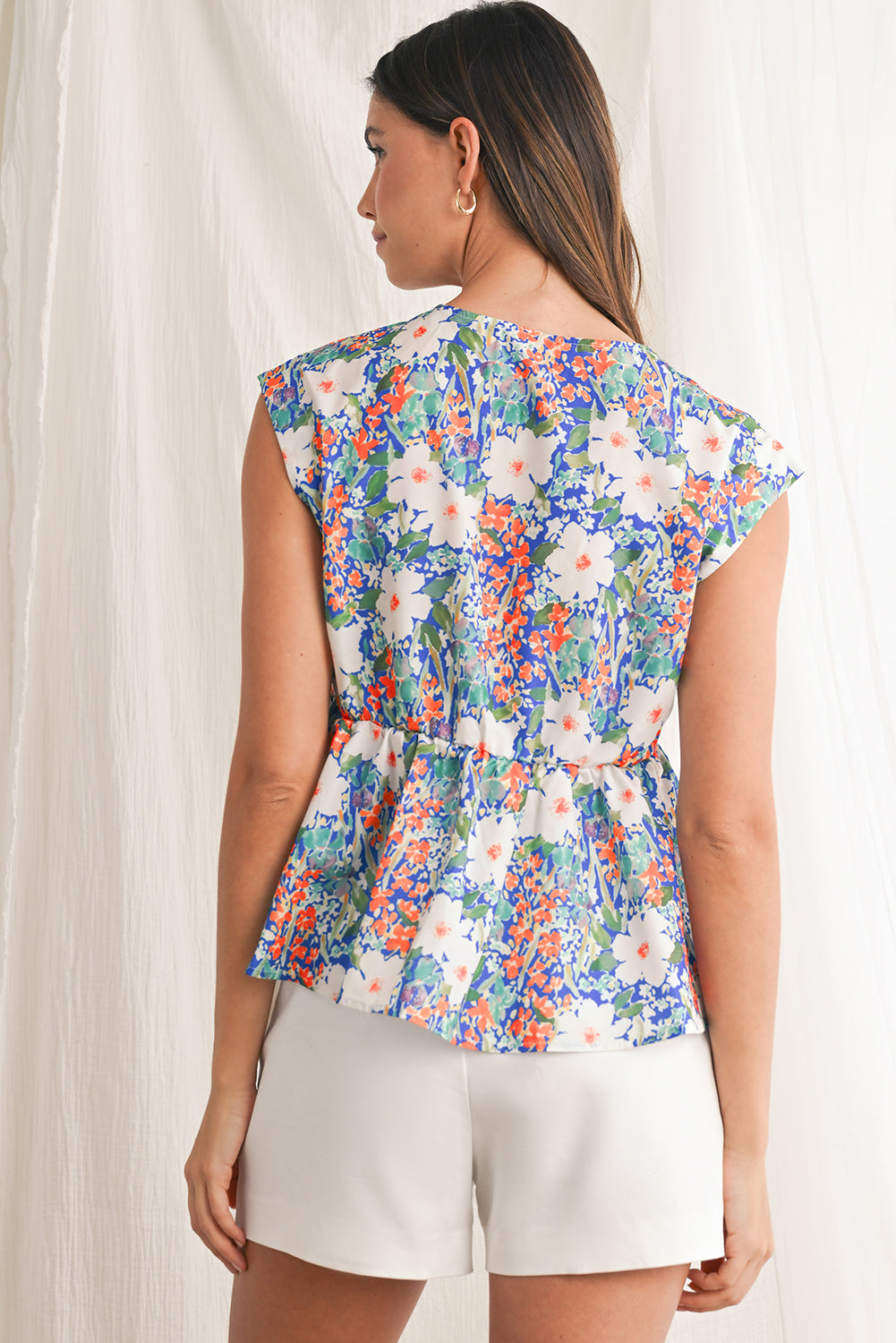 Dark Blue Floral Bow Front Sleeveless Peplum Shirt - Sleeveless Shirts