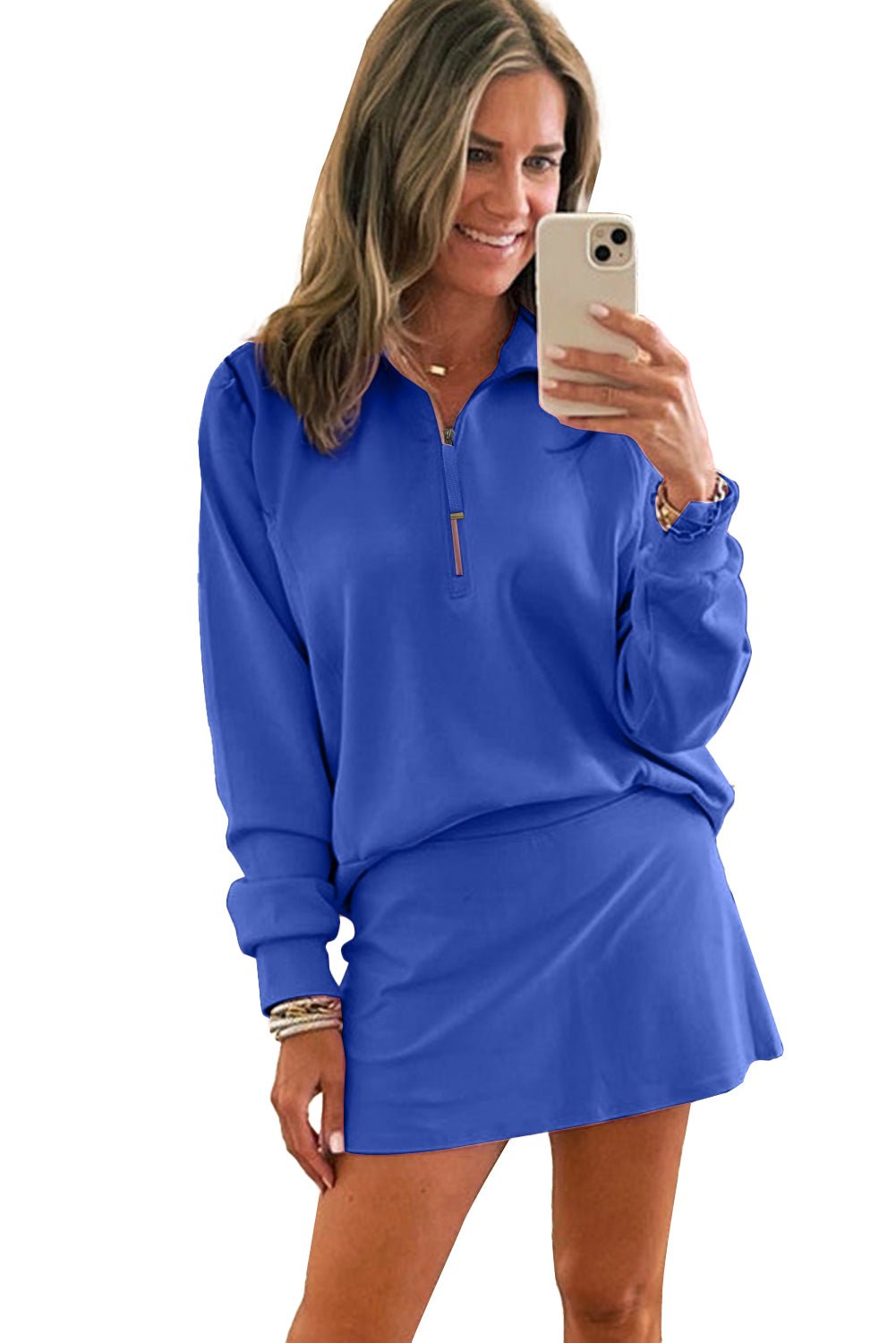 Dark Blue Half Zip Pullover Mini Skirt 2pcs Outfit - MAD RUFFI