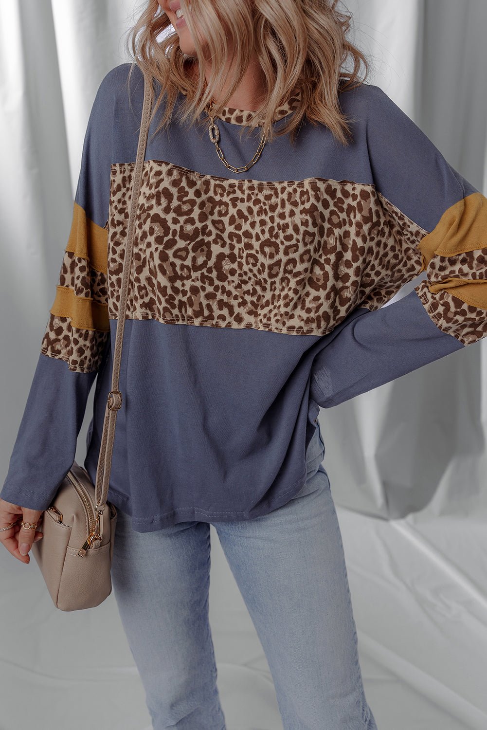 Dark Blue Leopard Colorblock Patchwork Drop Shoulder Top - MAD RUFFI