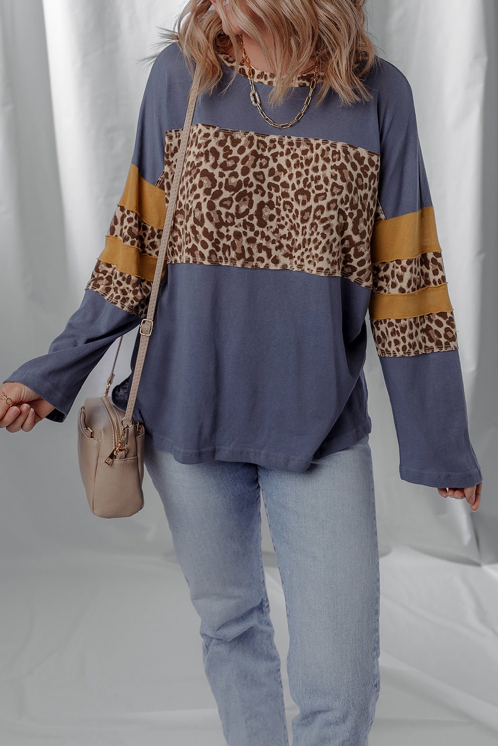 Dark Blue Leopard Colorblock Patchwork Drop Shoulder Top - MAD RUFFI