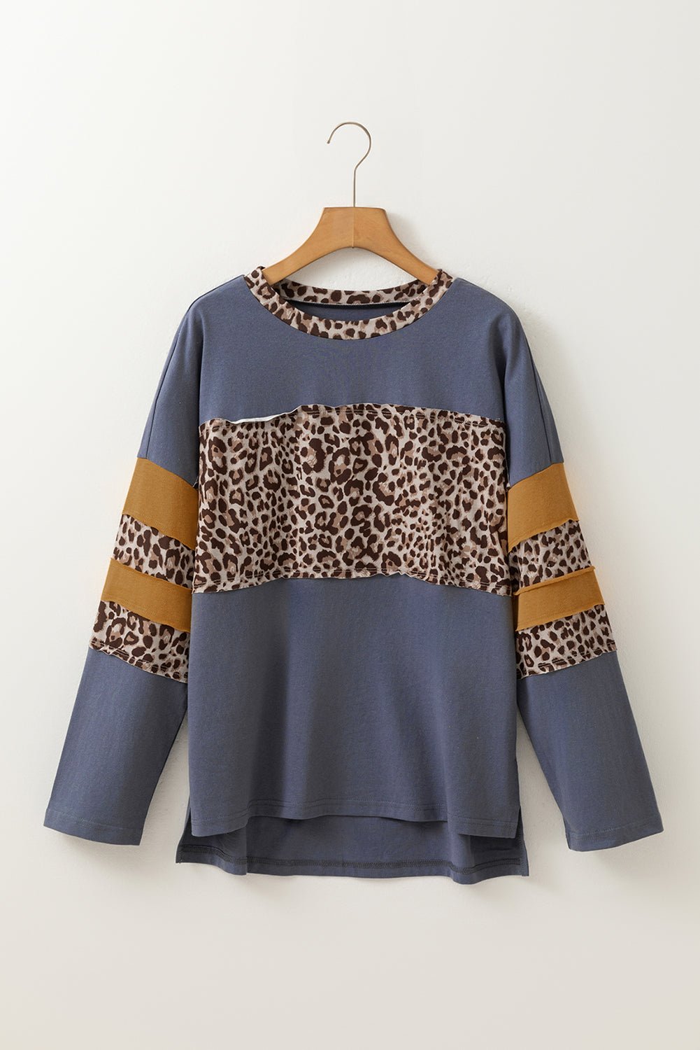 Dark Blue Leopard Colorblock Patchwork Drop Shoulder Top - MAD RUFFI