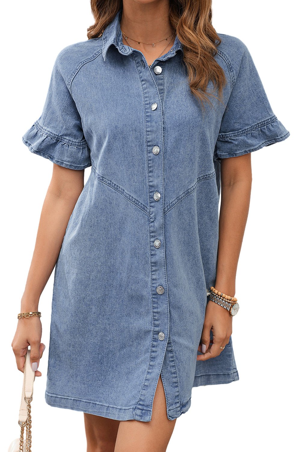 Dark Blue Short Sleeve Button Up Loose Denim Shirt Dress - MAD RUFFI