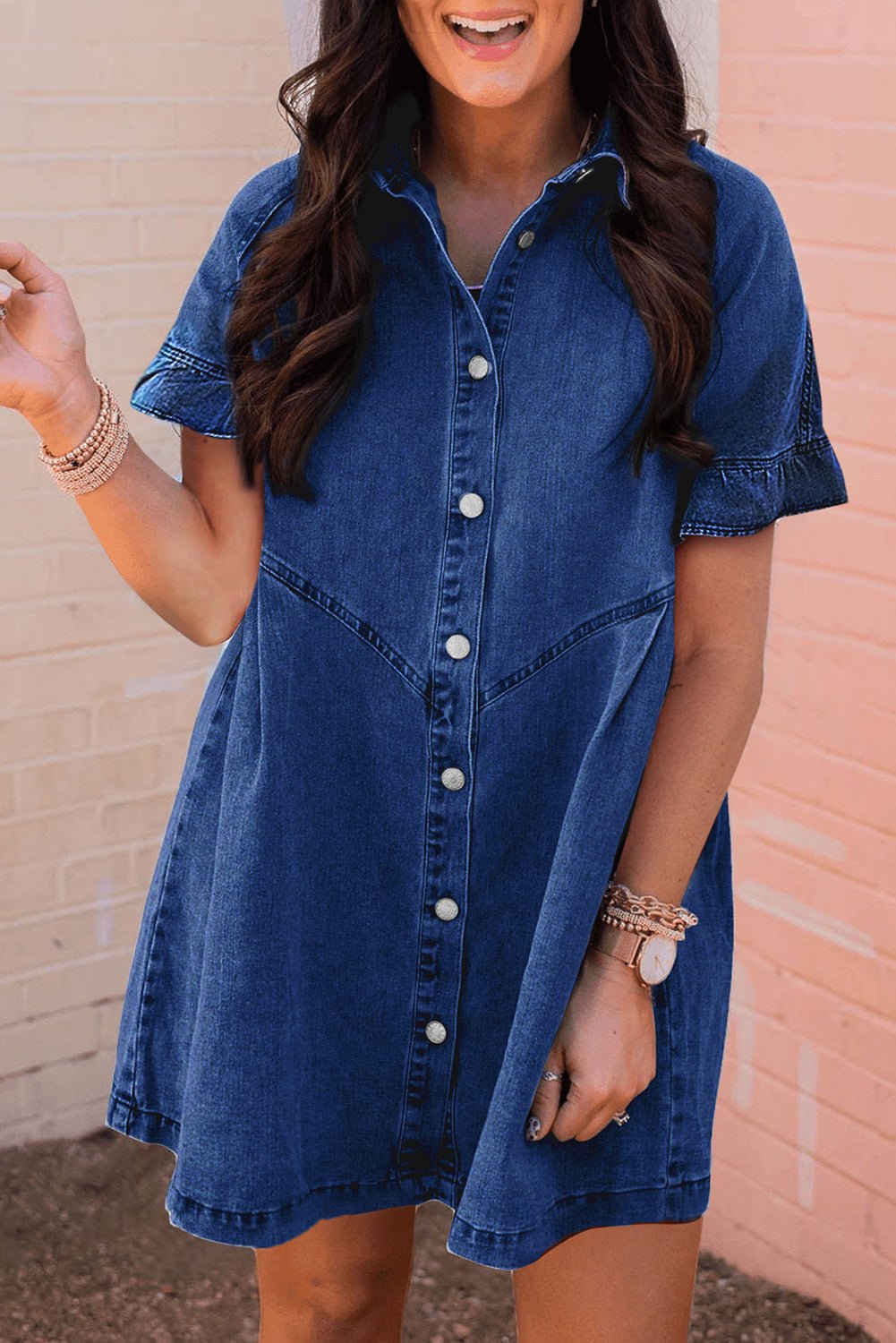 Dark Blue Short Sleeve Button Up Loose Denim Shirt Dress - MAD RUFFI