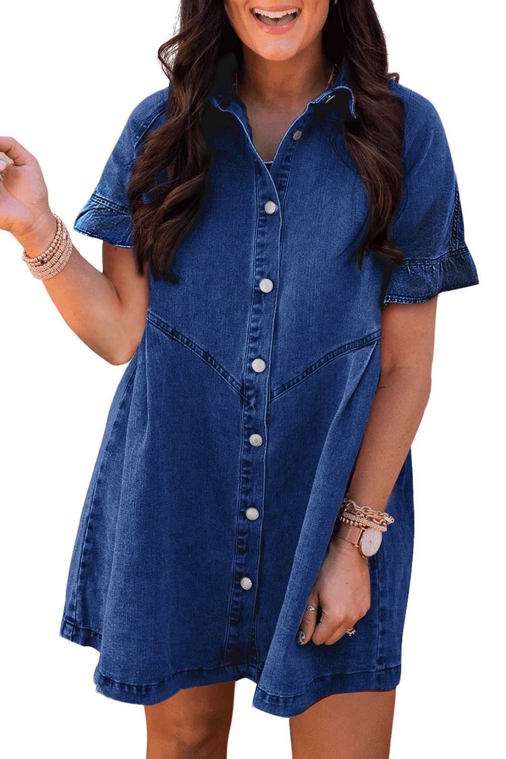 Dark Blue Short Sleeve Button Up Loose Denim Shirt Dress - MAD RUFFI