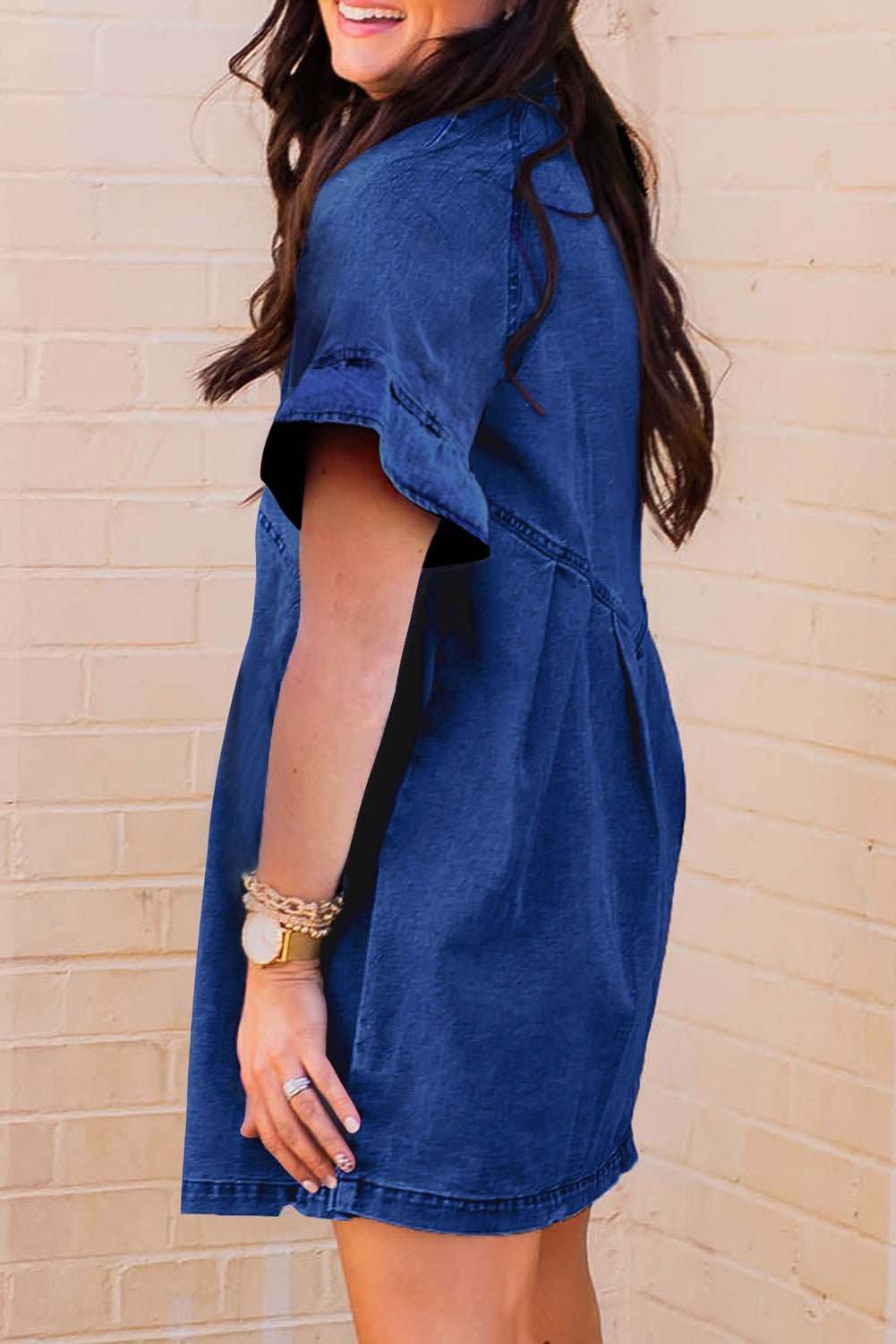 Dark Blue Short Sleeve Button Up Loose Denim Shirt Dress - MAD RUFFI