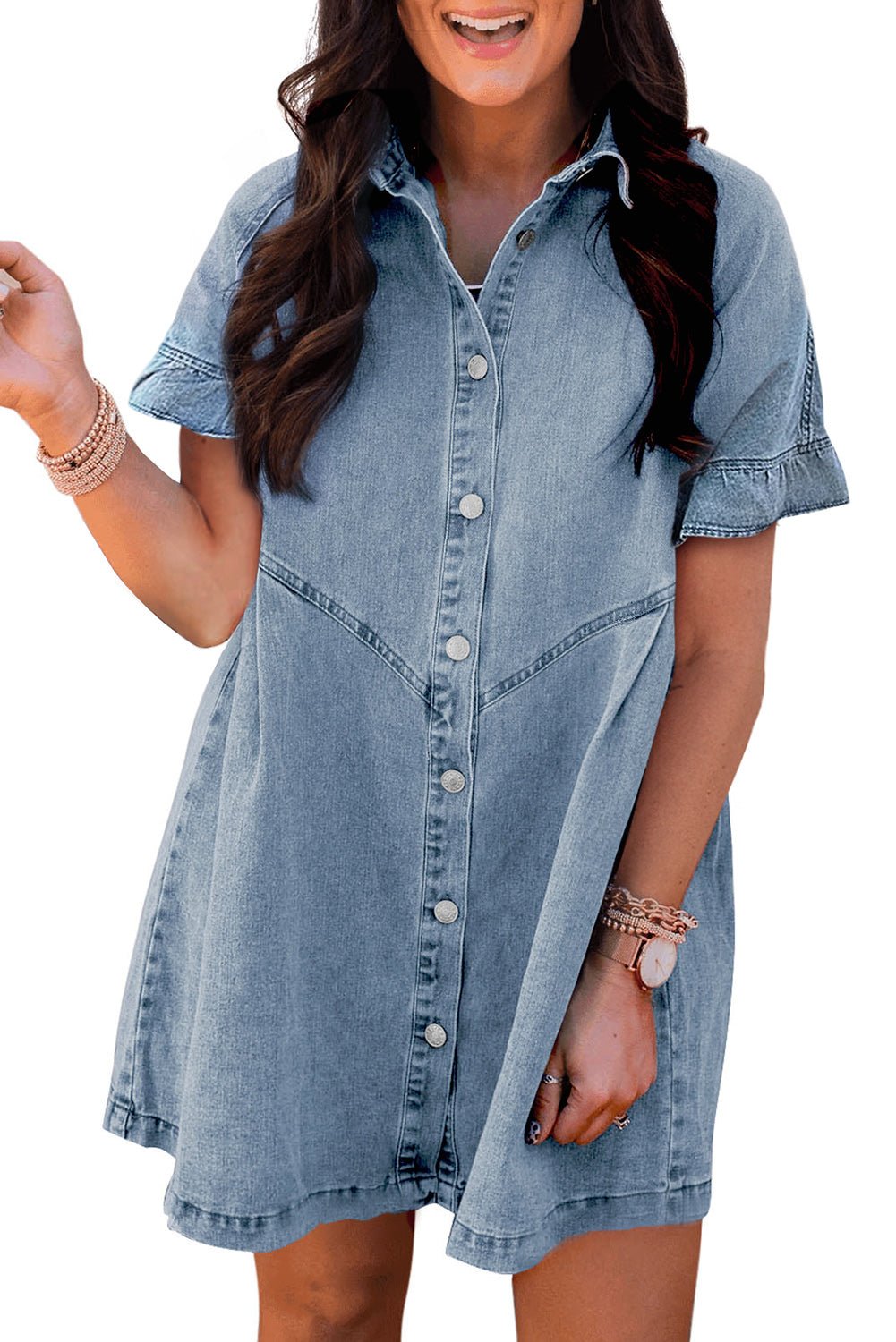 Dark Blue Short Sleeve Button Up Loose Denim Shirt Dress - MAD RUFFI