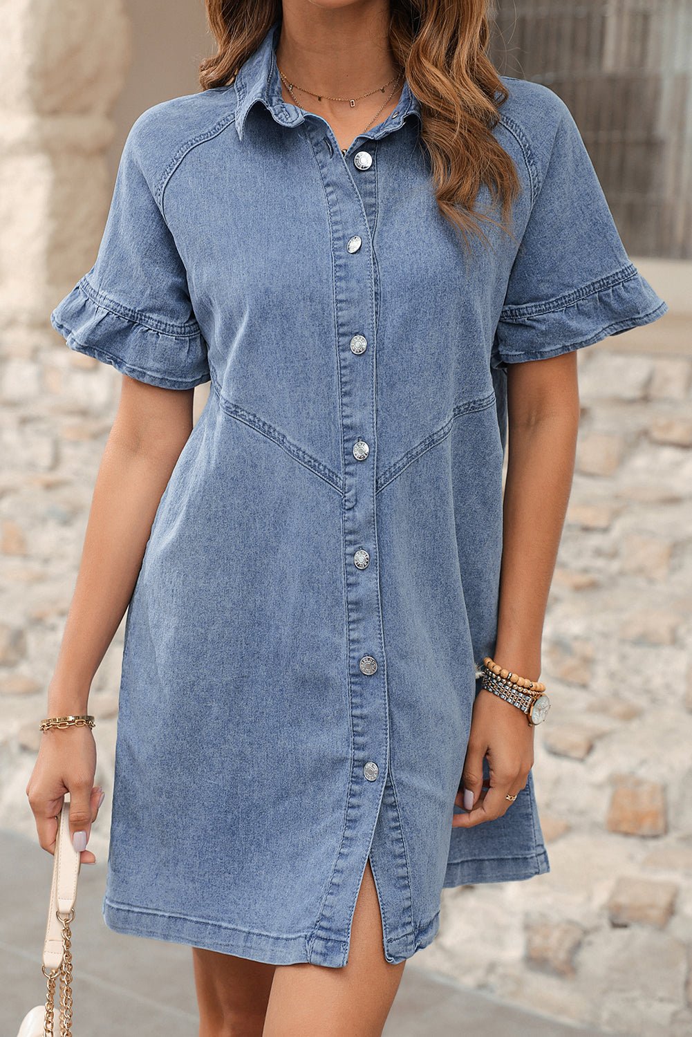 Dark Blue Short Sleeve Button Up Loose Denim Shirt Dress - MAD RUFFI