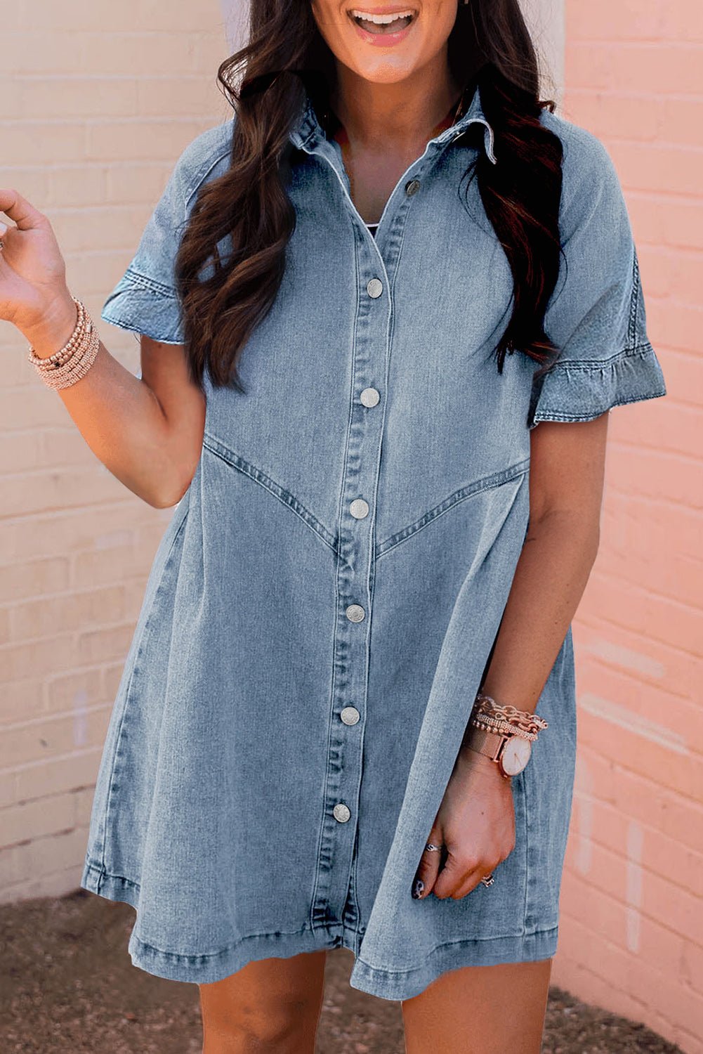 Dark Blue Short Sleeve Button Up Loose Denim Shirt Dress - MAD RUFFI