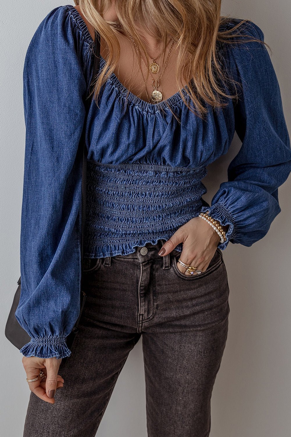 Dark Blue Smocked Ruffle Puff Sleeve V Neck Denim Top - MAD RUFFI