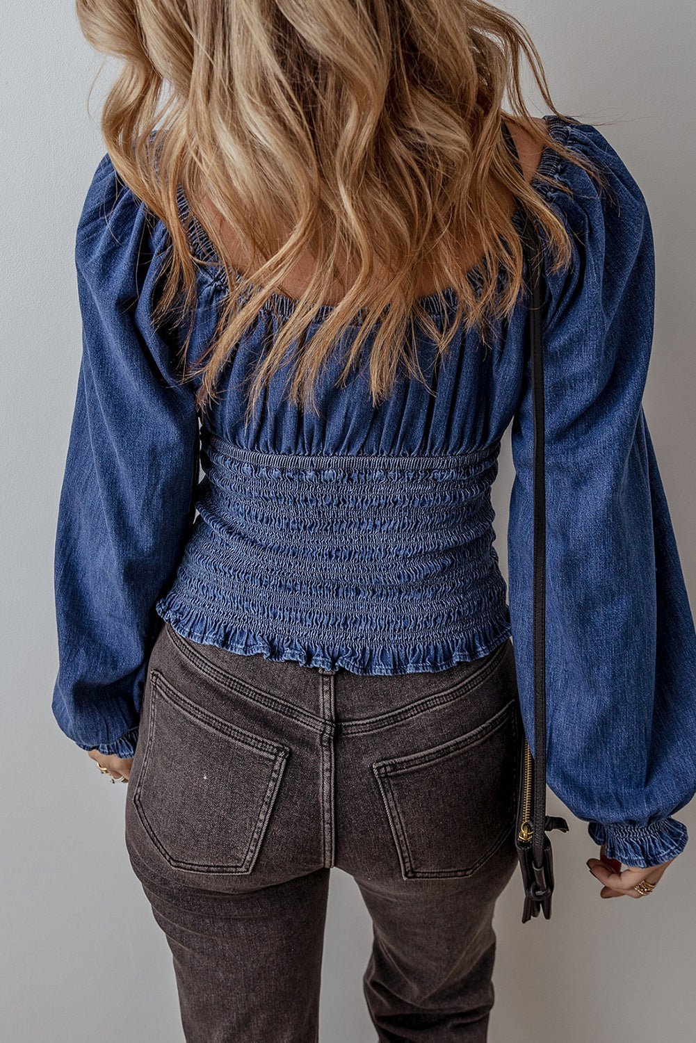 Dark Blue Smocked Ruffle Puff Sleeve V Neck Denim Top - MAD RUFFI