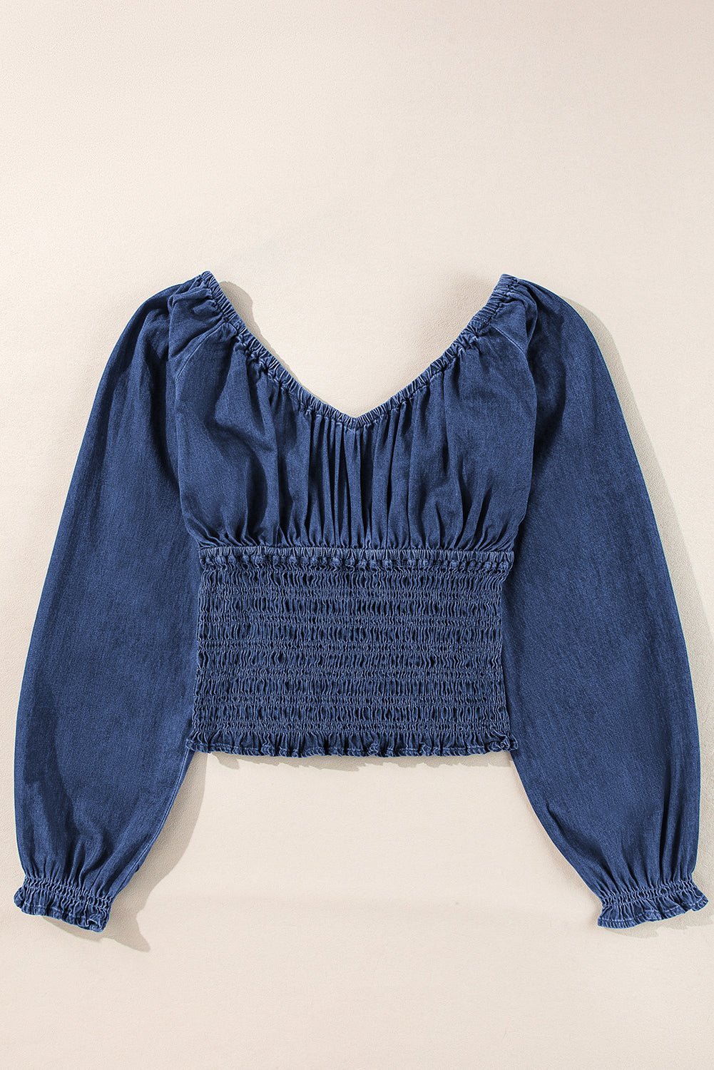 Dark Blue Smocked Ruffle Puff Sleeve V Neck Denim Top - MAD RUFFI