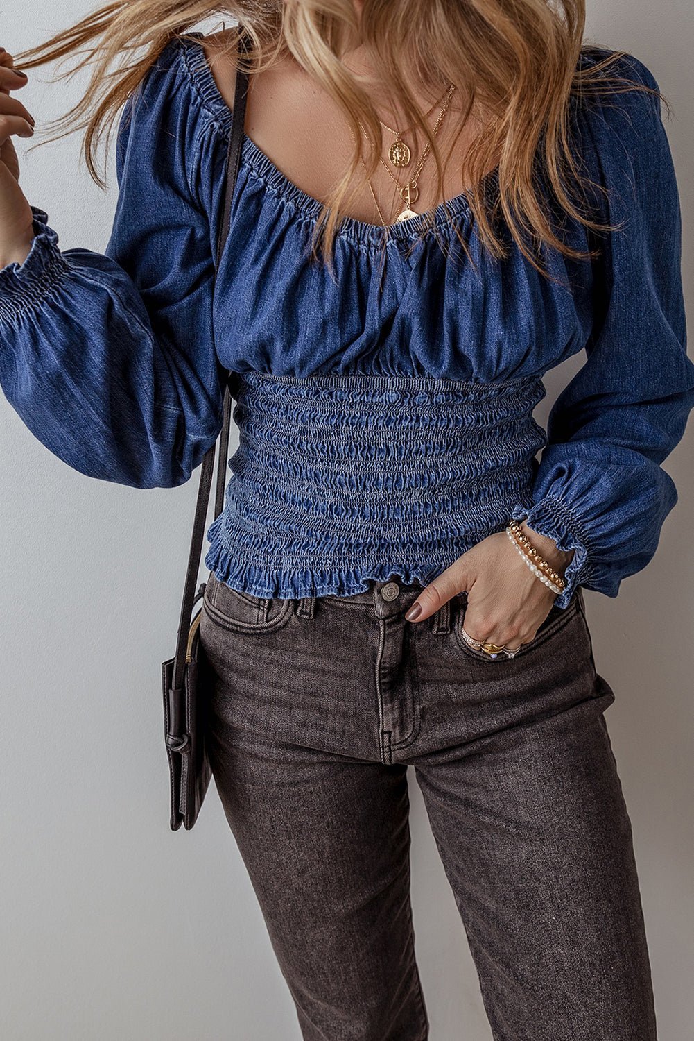 Dark Blue Smocked Ruffle Puff Sleeve V Neck Denim Top - MAD RUFFI