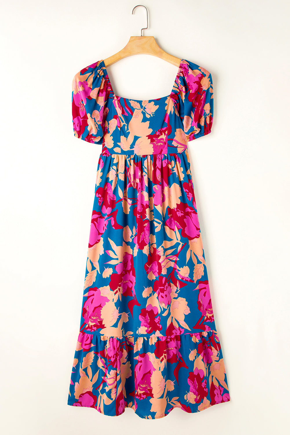 Dark Blue Square Neck Bubble Sleeve Ruffle Hem Floral Dress - MAD RUFFI