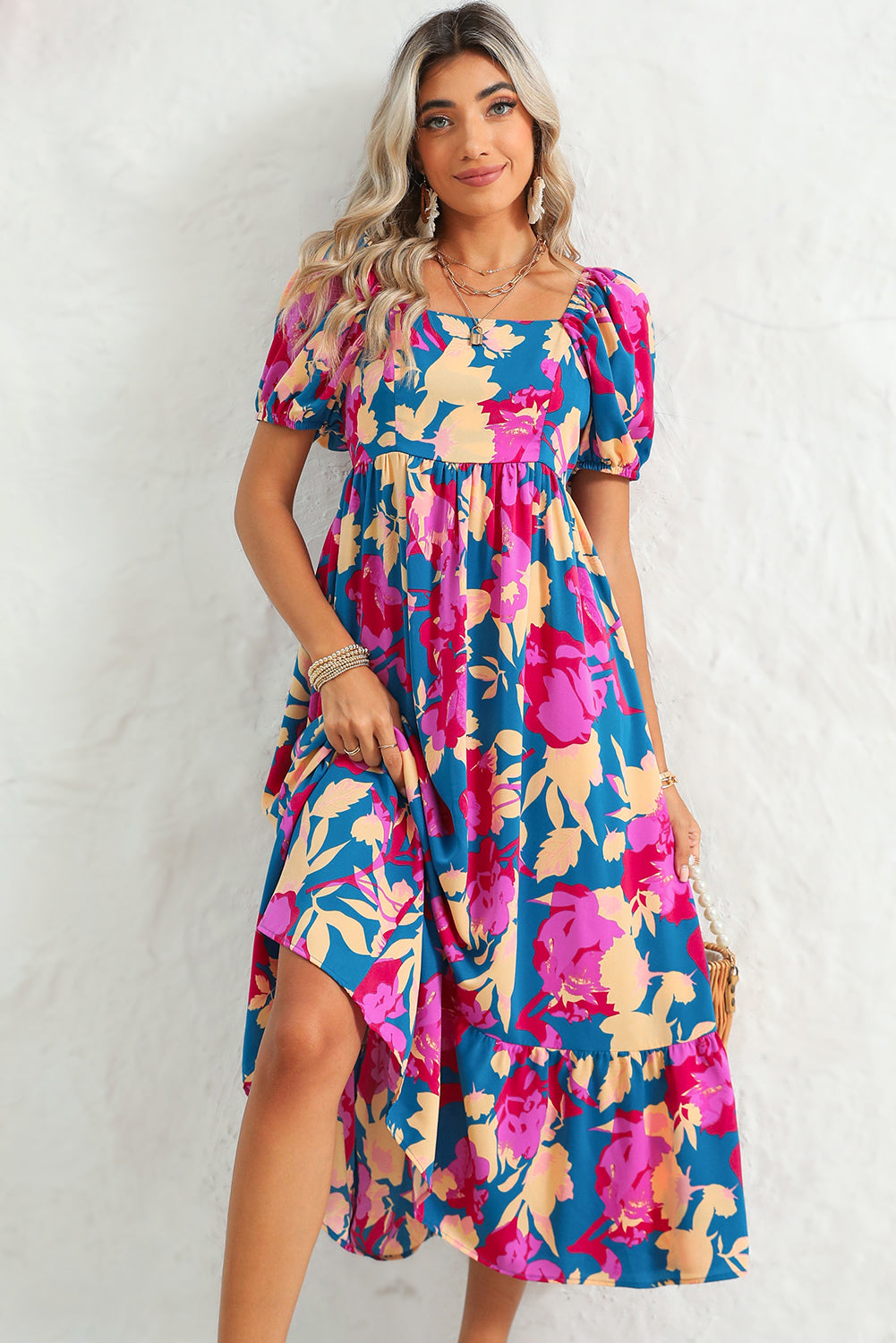 Dark Blue Square Neck Bubble Sleeve Ruffle Hem Floral Dress - MAD RUFFI