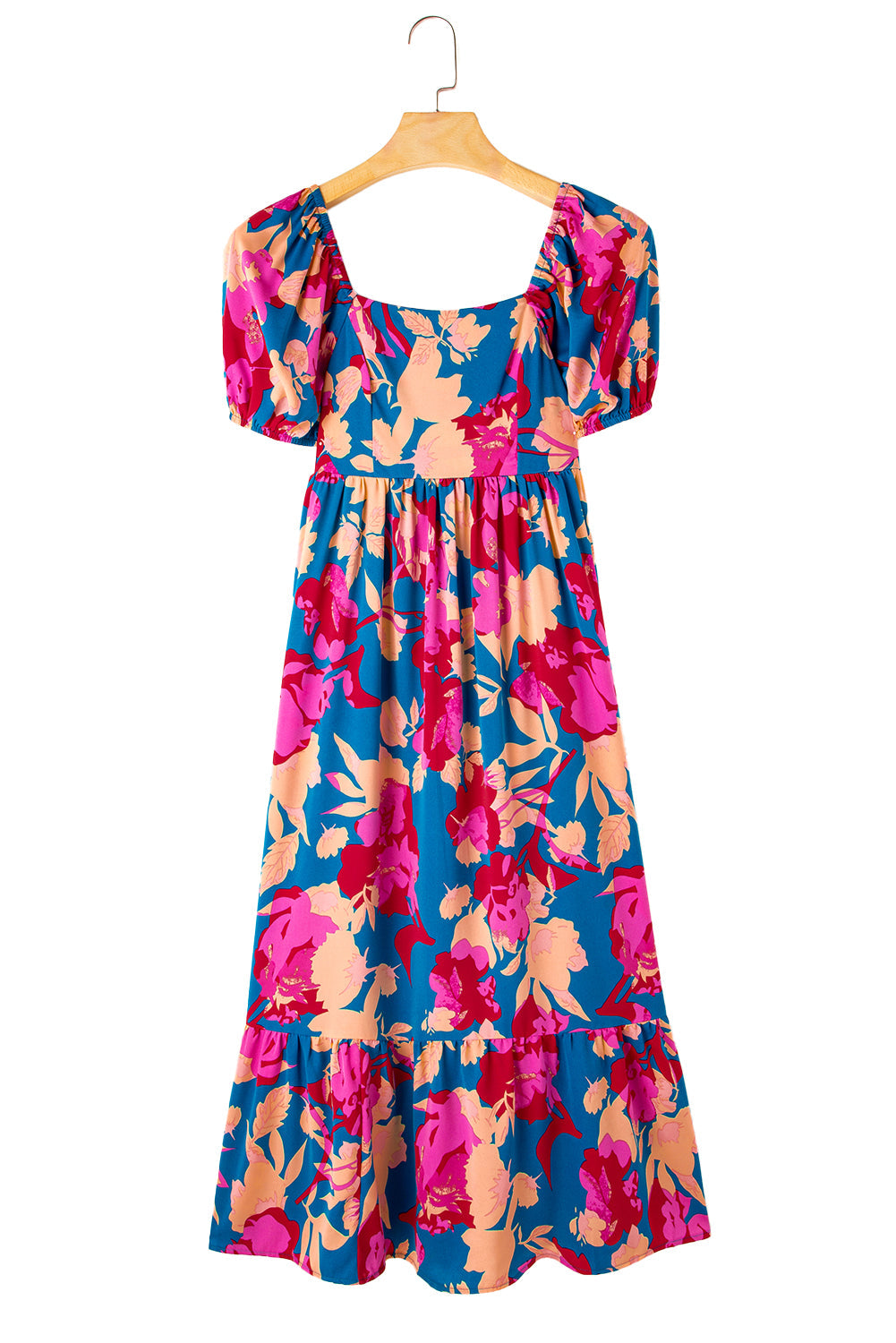 Dark Blue Square Neck Bubble Sleeve Ruffle Hem Floral Dress - MAD RUFFI