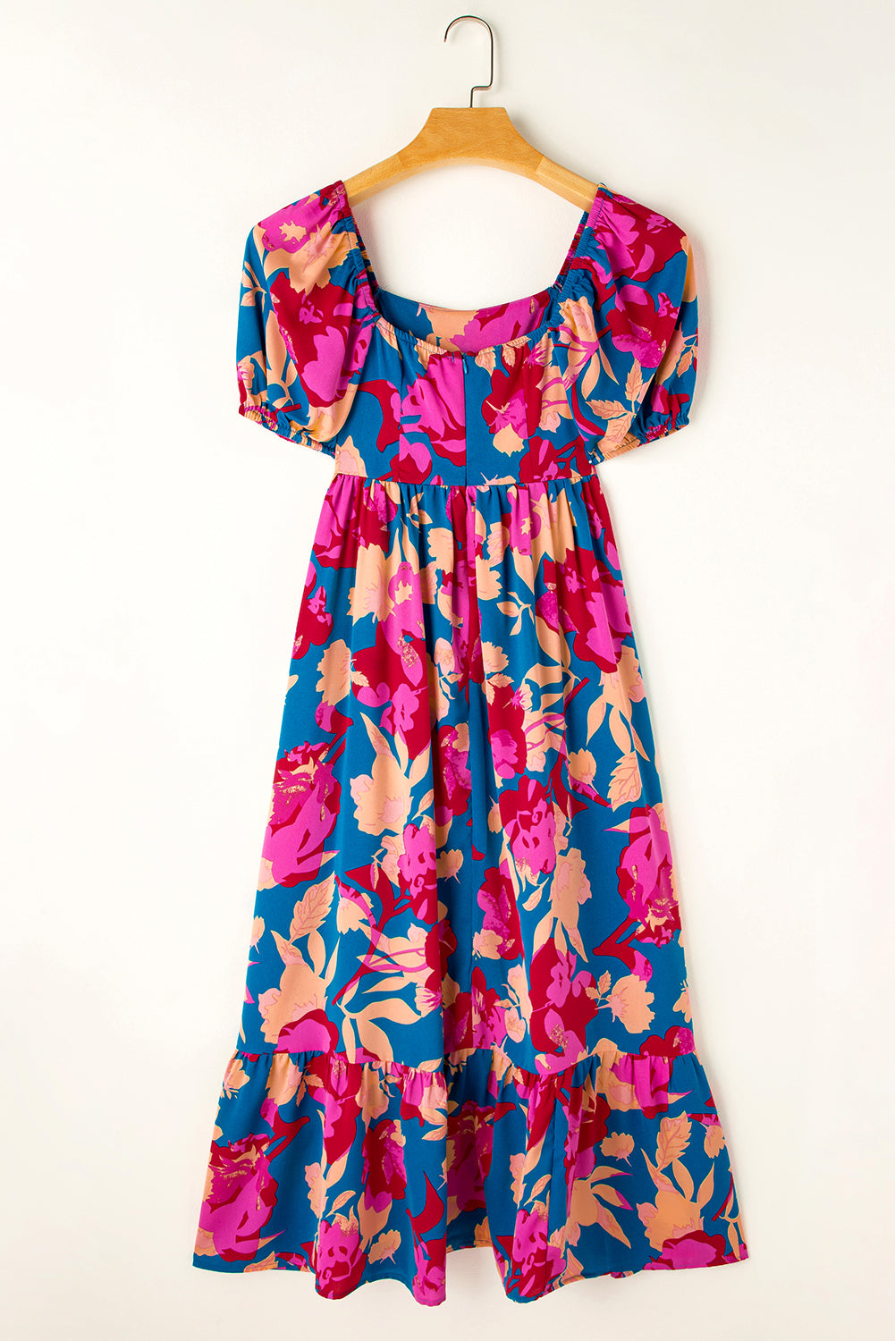 Dark Blue Square Neck Bubble Sleeve Ruffle Hem Floral Dress - MAD RUFFI