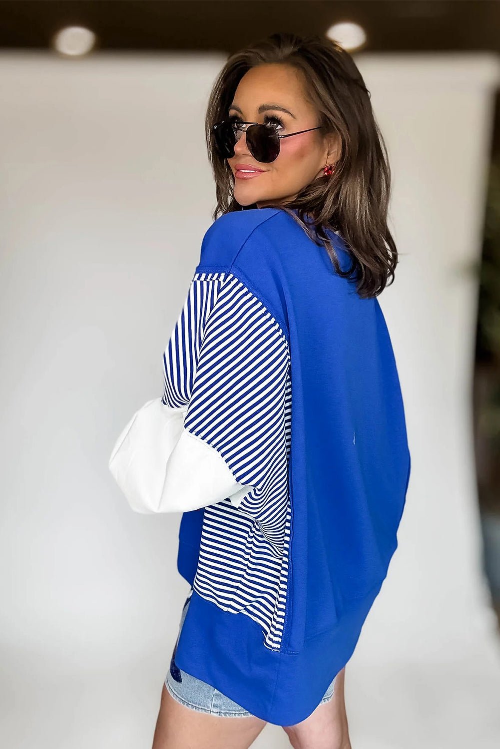 Dark Blue Striped Patchwork Sleeve Colorblock Sweatshirt - MAD RUFFI