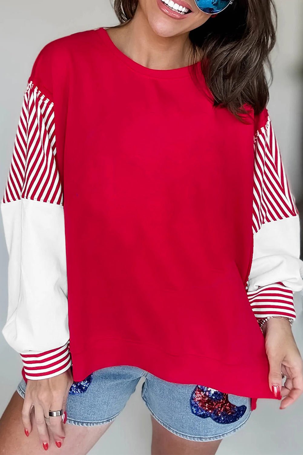 Dark Blue Striped Patchwork Sleeve Colorblock Sweatshirt - MAD RUFFI