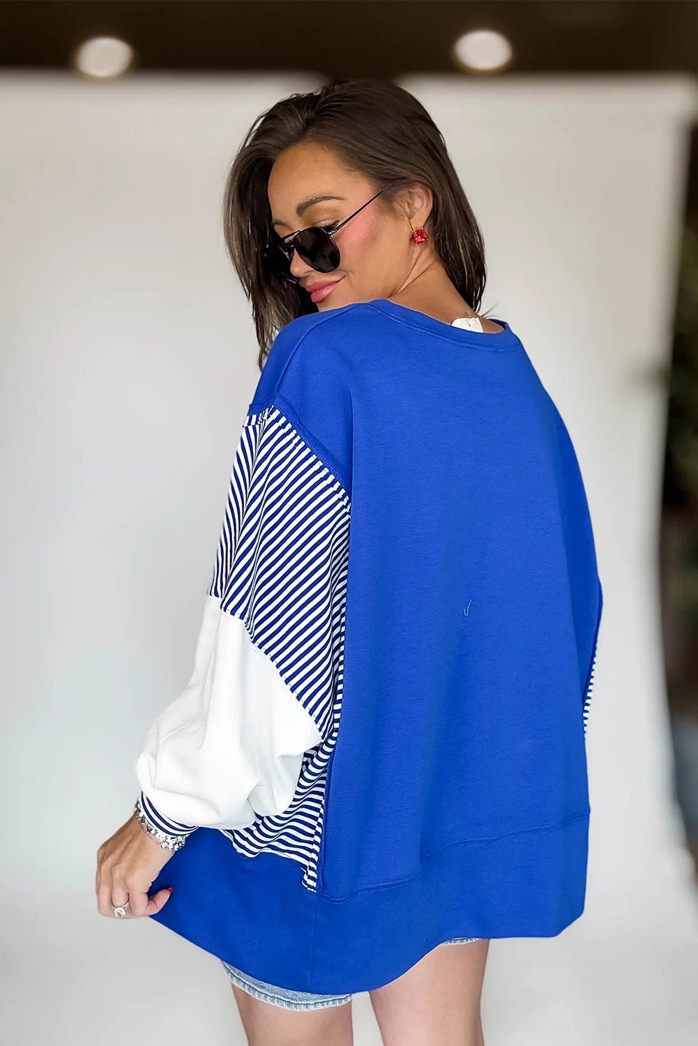 Dark Blue Striped Patchwork Sleeve Colorblock Sweatshirt - MAD RUFFI