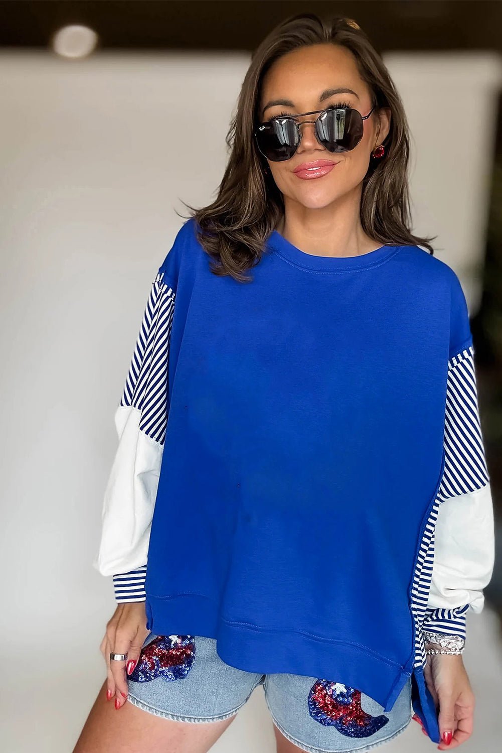 Dark Blue Striped Patchwork Sleeve Colorblock Sweatshirt - MAD RUFFI
