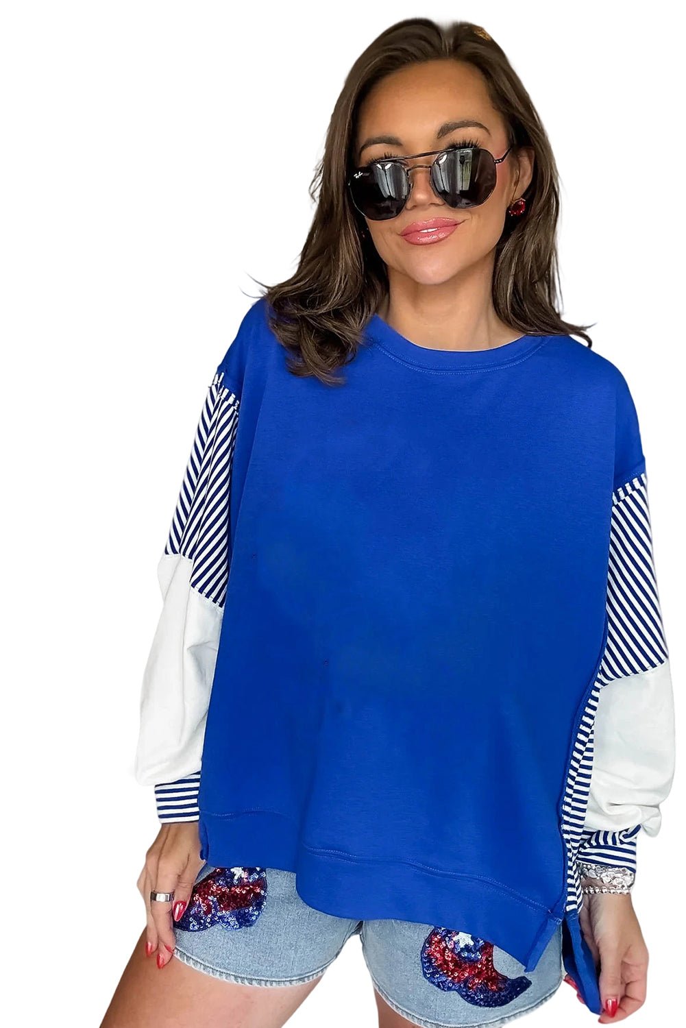 Dark Blue Striped Patchwork Sleeve Colorblock Sweatshirt - MAD RUFFI