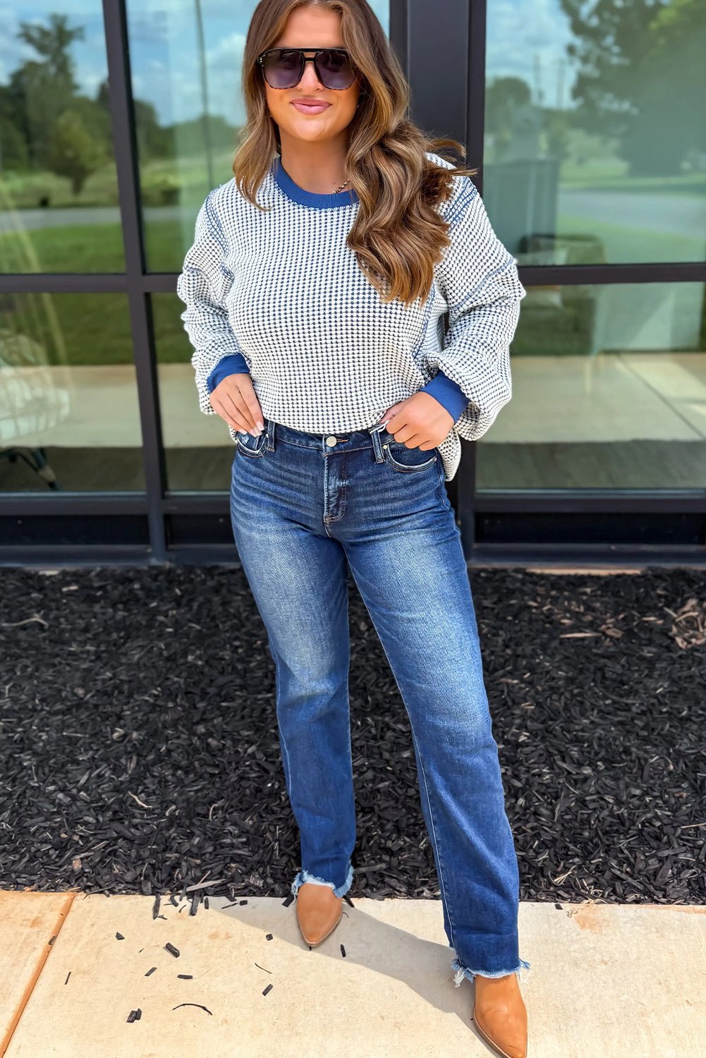 Dark Blue Waffle Knit Exposed Stitching Casual Top - MAD RUFFI