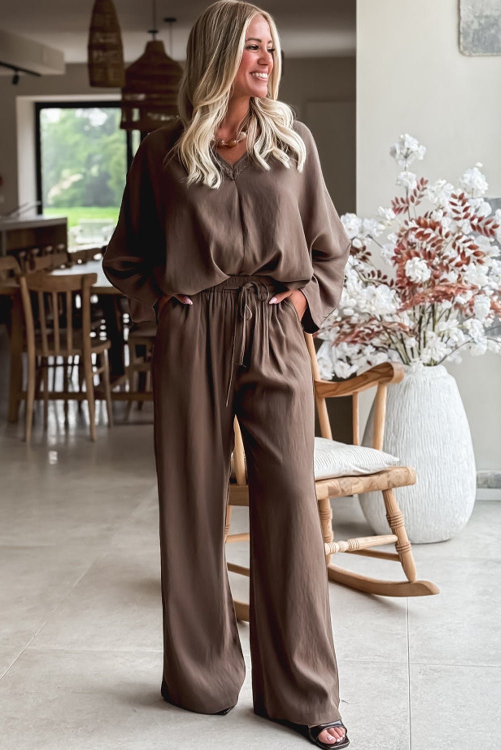 Dark Brown Braided V Neck Long Sleeve Loose Top and Drawstring High Waist Pants 2pcs Outfit - MAD RUFFI