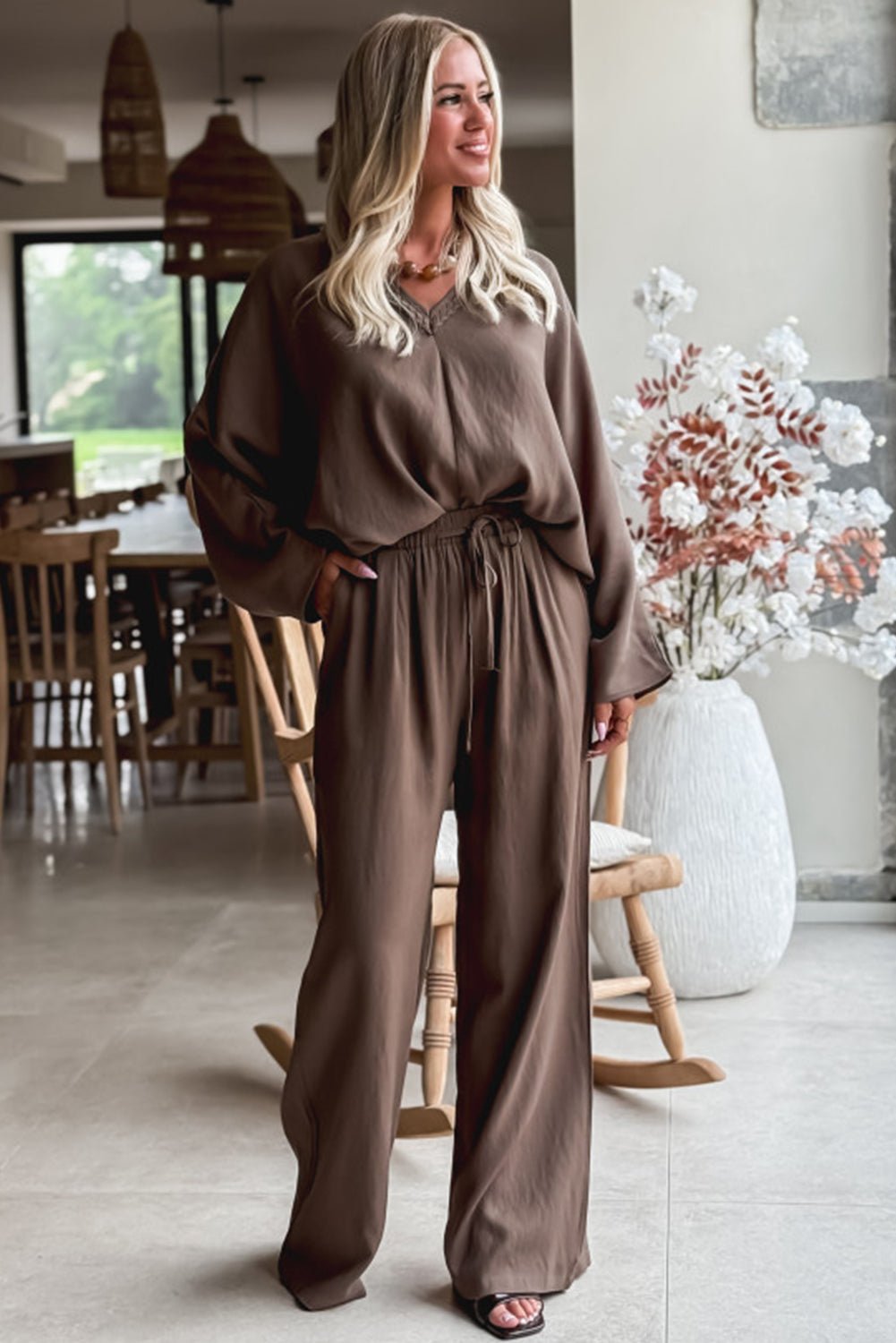 Dark Brown Braided V Neck Long Sleeve Loose Top and Drawstring High Waist Pants 2pcs Outfit - MAD RUFFI